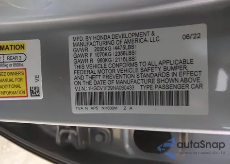 2022 Honda Accord Sport z USA, uszkodzony, nr VIN 1HGCV1F39NA060433